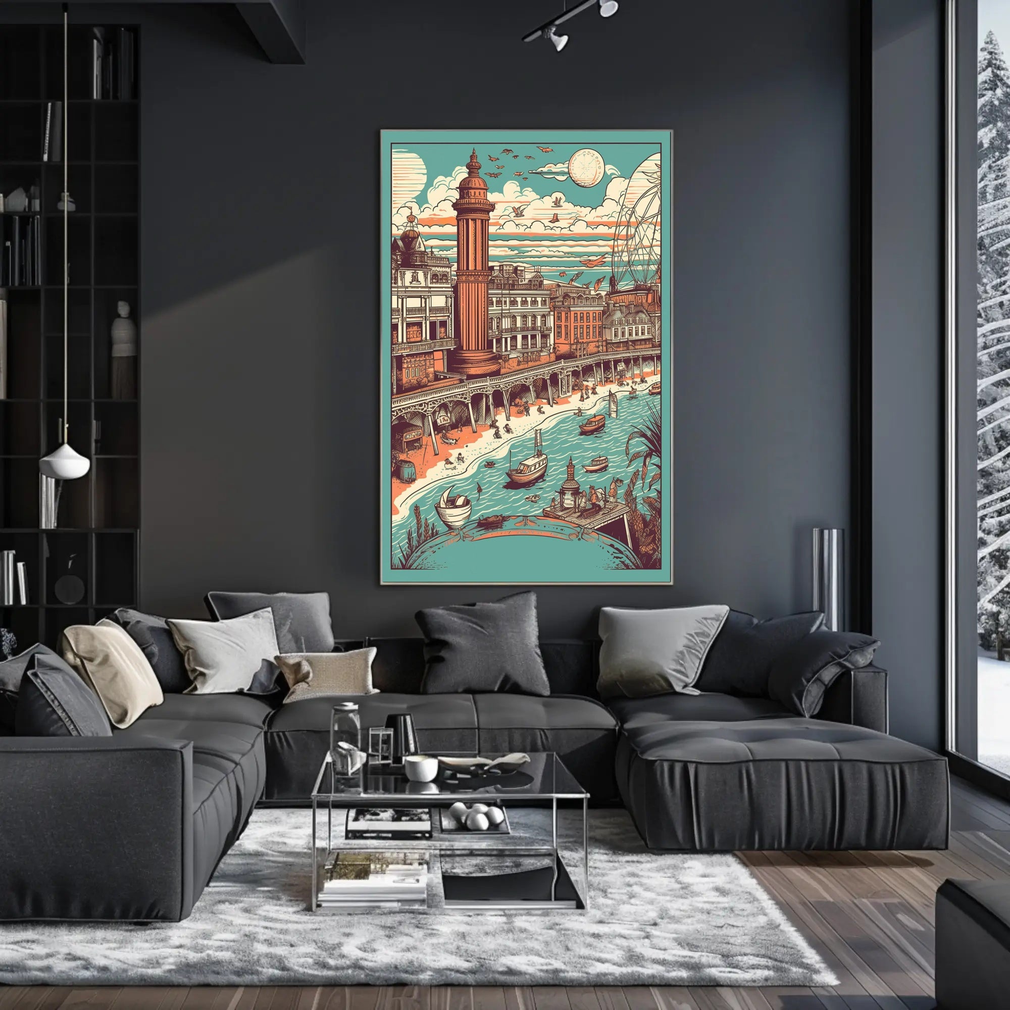 Vintage Coastal Town Illustration Poster