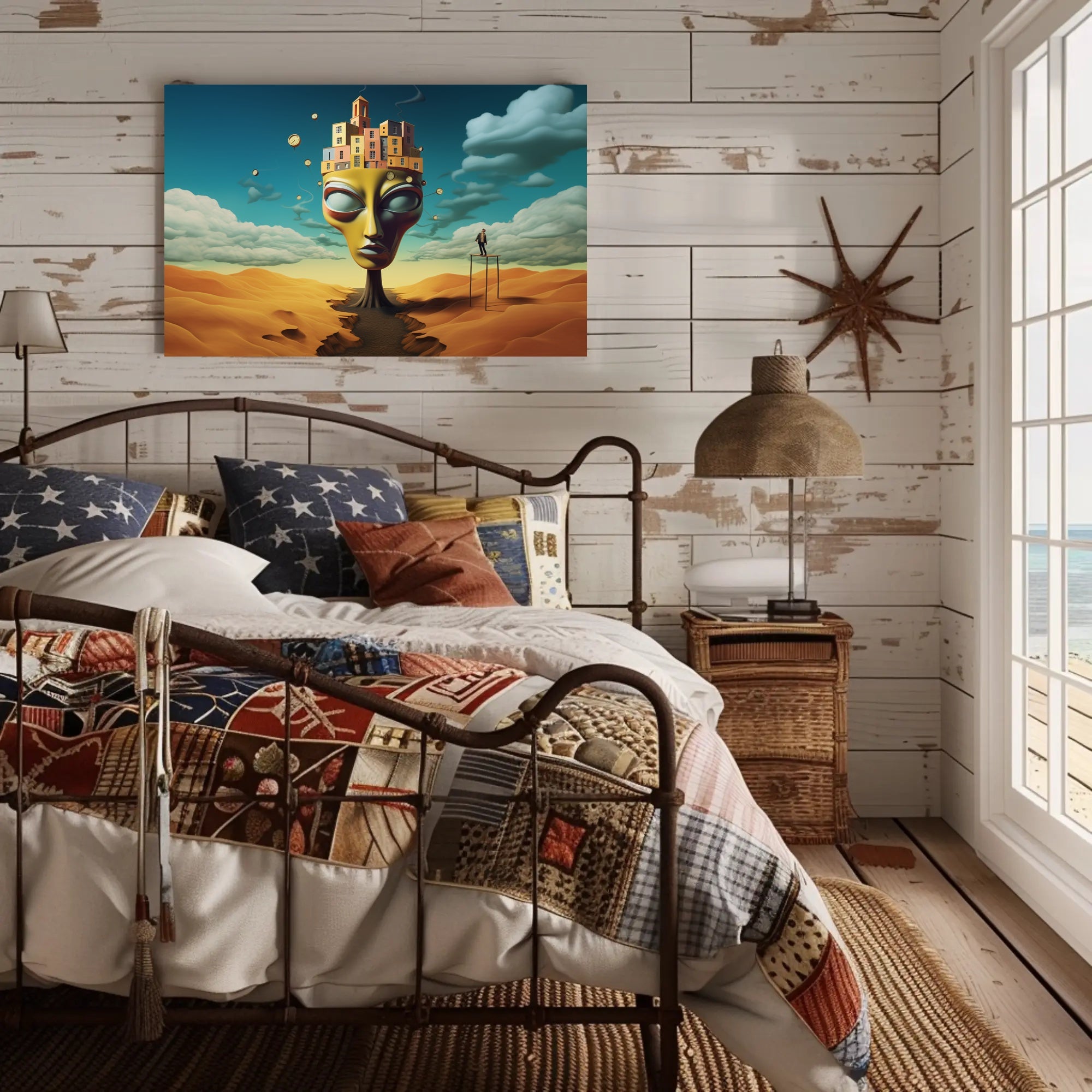 Surreal Desert Landscape with Whimsical Architecture Poster