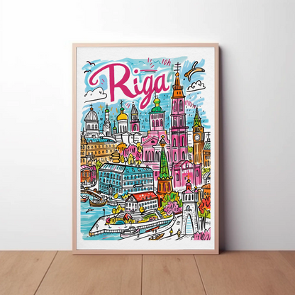 Riga Latvia Colorful Old Town Skyline Travel Poster
