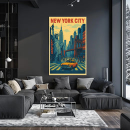 New York City Skyline Landmarks Poster Retro Wall Art