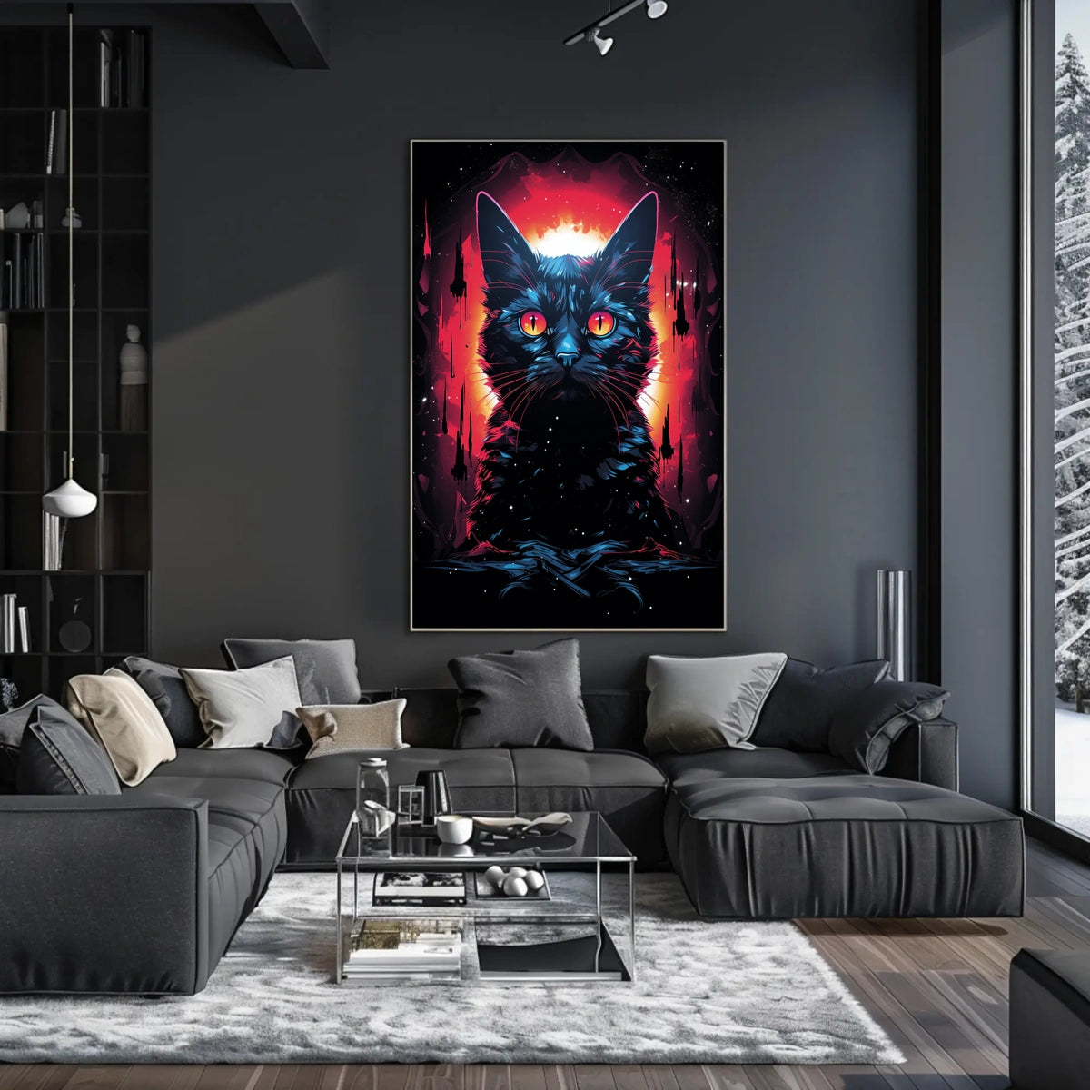 Fiery-Eyed Cosmic Cat Surreal Art Poster