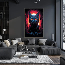 Fiery-Eyed Cosmic Cat Surreal Art Poster