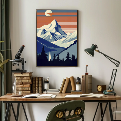 Sunset Snow Mountain View Silhouette Vintage Travel Poster