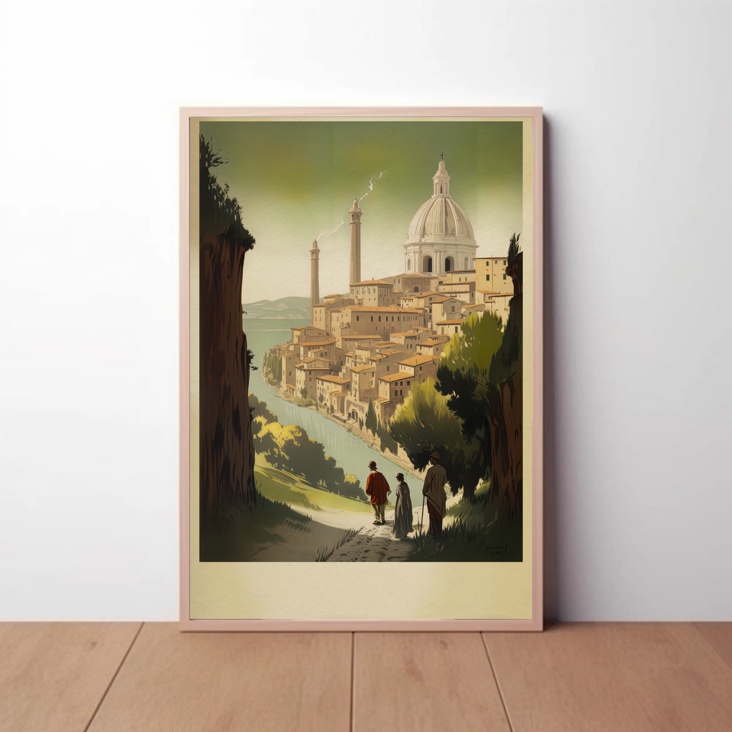 Hilltop Cityscape By The River In Italy Travel Poster