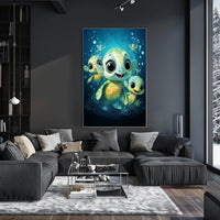 Adorable Sea Turtles Underwater Cartoon Poster Print