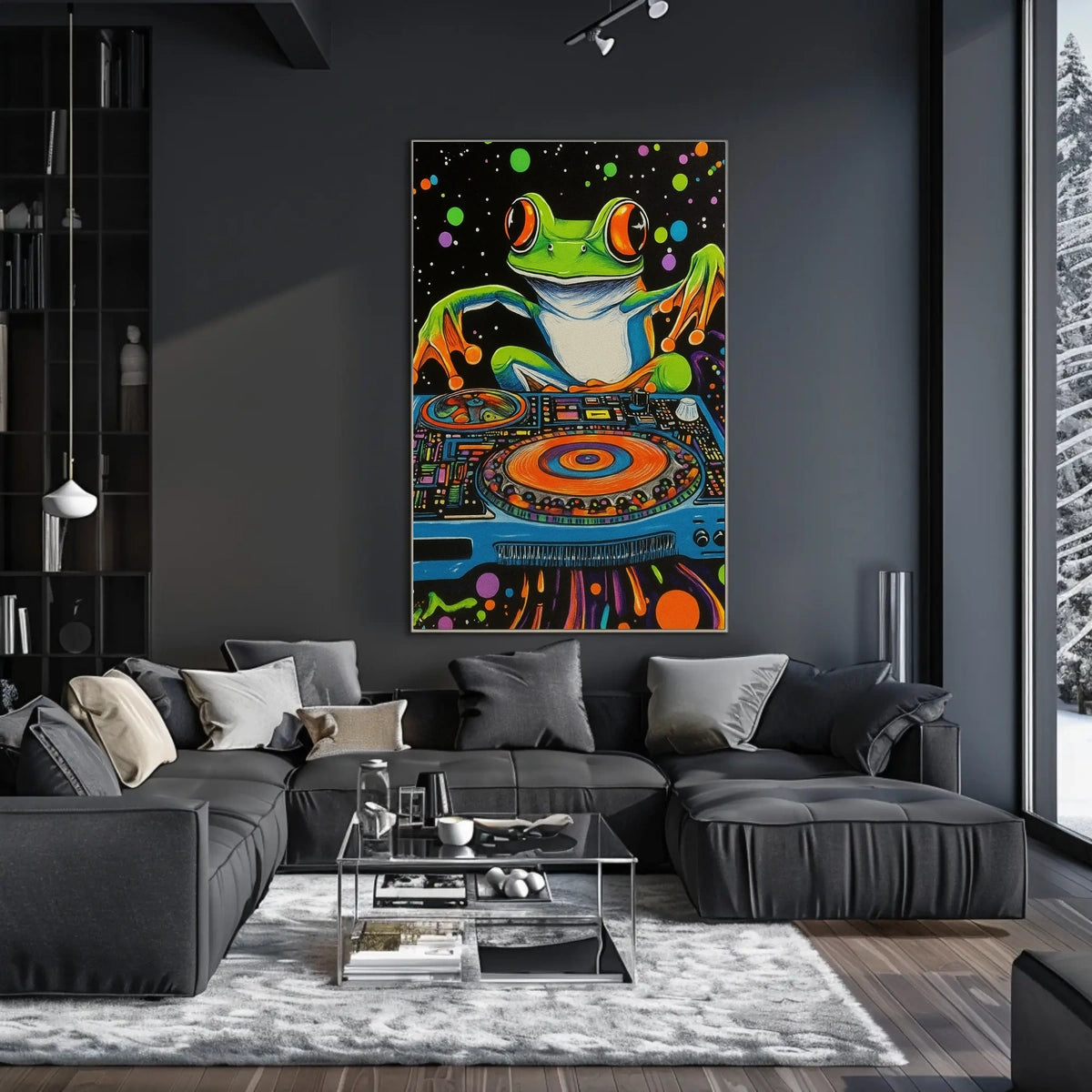 The poster is a vibrant and psychedelic illustration featuring a large, cartoonish frog Travel Poster