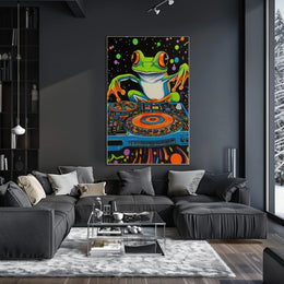 The poster is a vibrant and psychedelic illustration featuring a large, cartoonish frog Travel Poster