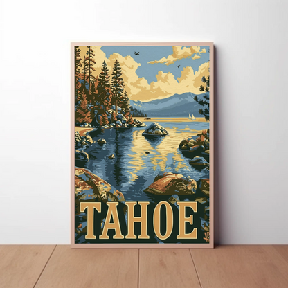 Lake Tahoe Sunset Pines Mountain Travel Poster