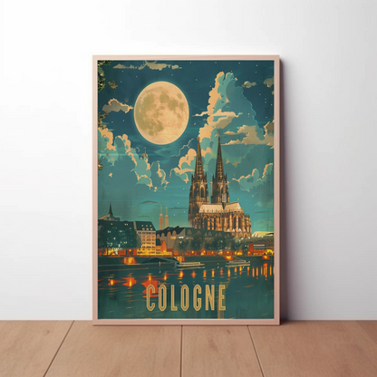 Cologne Cathedral Moonlight River Reflection Travel Poster