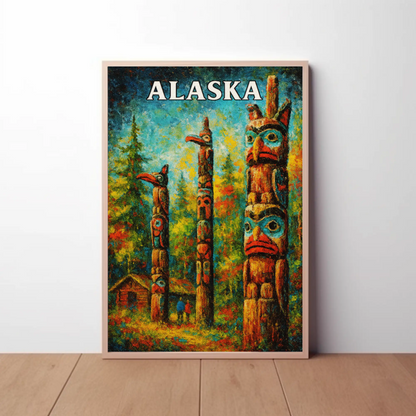 Alaska Totem Poles Native Heritage Forest Travel Poster