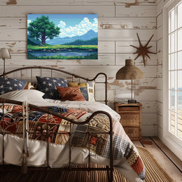 Serene Pixel Art Meadow with Tree and Pond