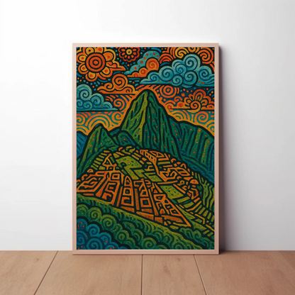 Machu Picchu Mountains Folk Art Travel Poster