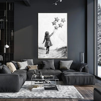 Child Releasing Star Balloons Black And White Sketch Poster