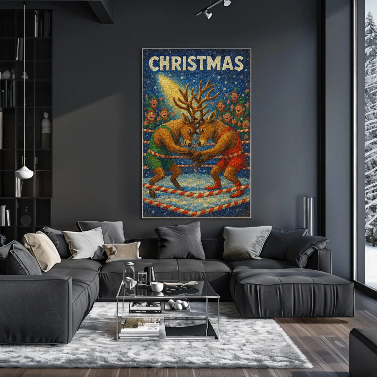 Christmas Wrestling Reindeer: Whimsical Holiday Fantasy Poster