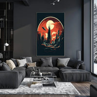 Futuristic Cityscape Under a Crimson Sky Poster