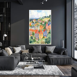 Colorful Hillside Village Poster PosterGoat