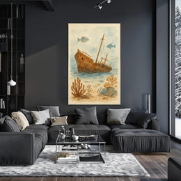 Sunken Ship Underwater Scene Artistic Poster