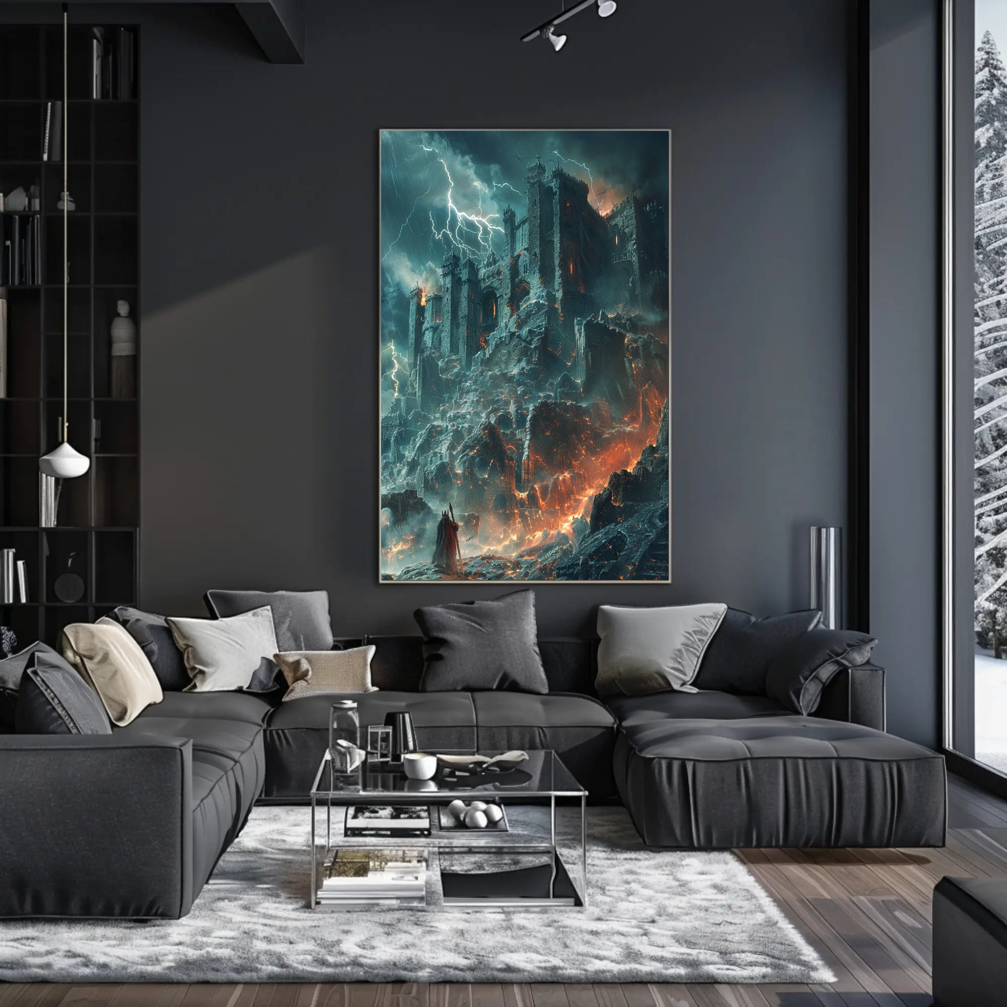Dark Fortress in Fiery Storm - Fantasy or Mythology Poster PosterGoat