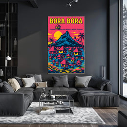 Bora Bora Vintage Travel Poster with Iconic Overwater Bungalows PosterGoat