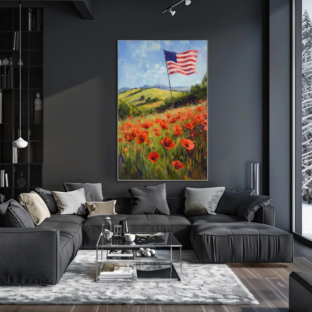 peaceful field of poppies with one large American flag Poster