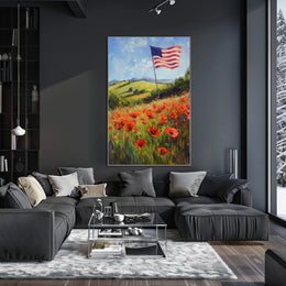 peaceful field of poppies with one large American flag Poster