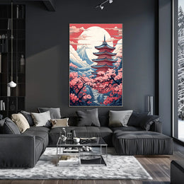Traditional Japanese Pagoda in Serene Landscape Cultural Poster