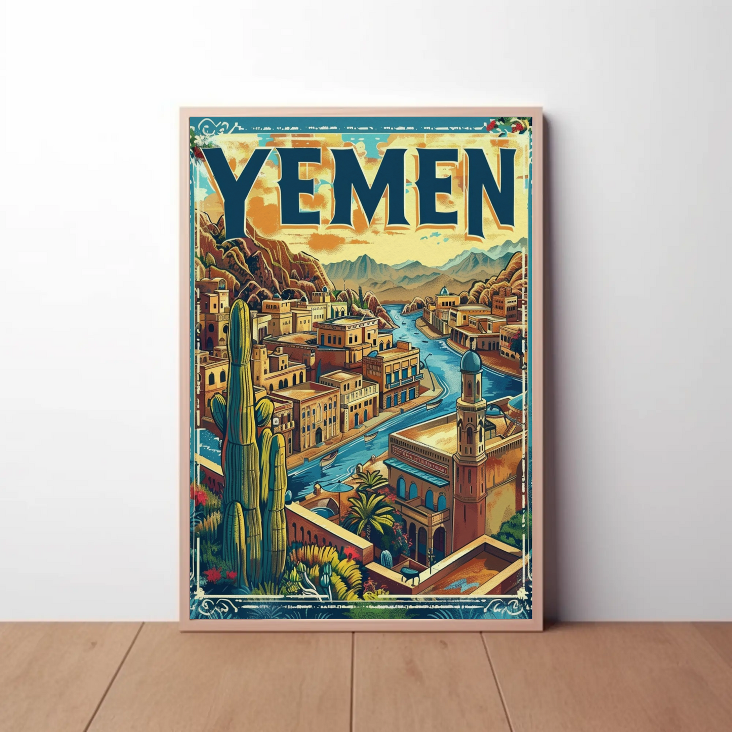 Yemen Traditional Architecture River Valley Travel Poster