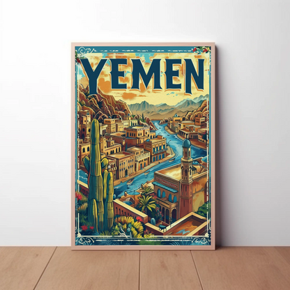 Yemen Traditional Architecture River Valley Travel Poster