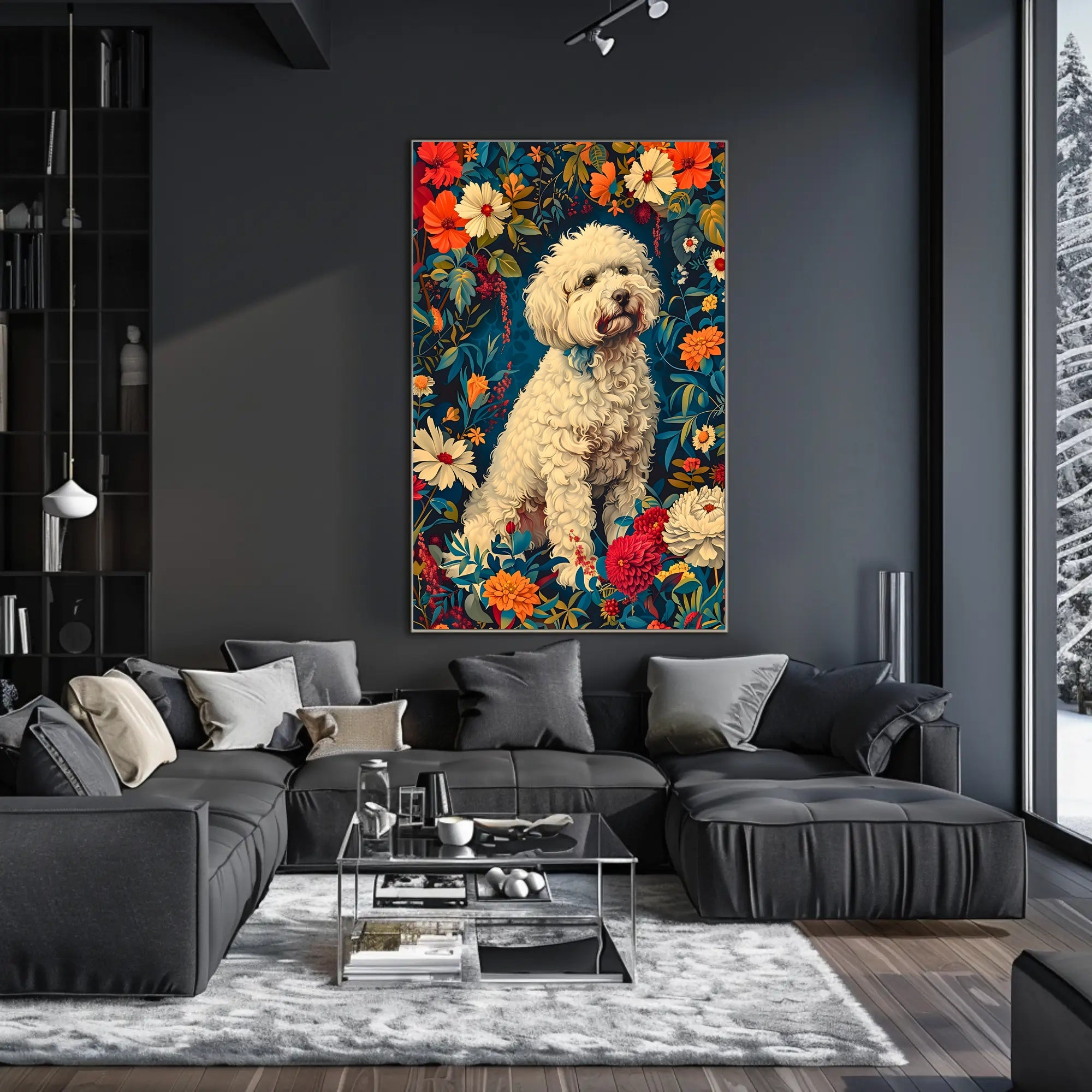 Fluffy Dog in Flower Garden Animal Poster