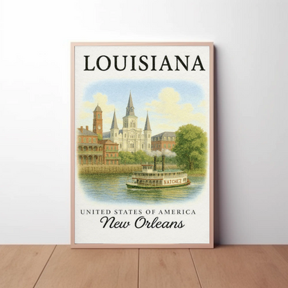 New Orleans Louisiana Cathedral Steamboat River Poster