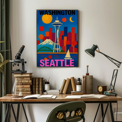 Washington Seattle Space Needle Mountains Sunset Vintage Travel Poster