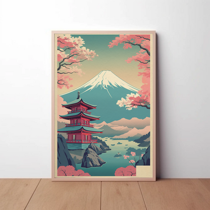 Japan Fuji Lake Pagoda Sakura Canoe Trees Travel Poster