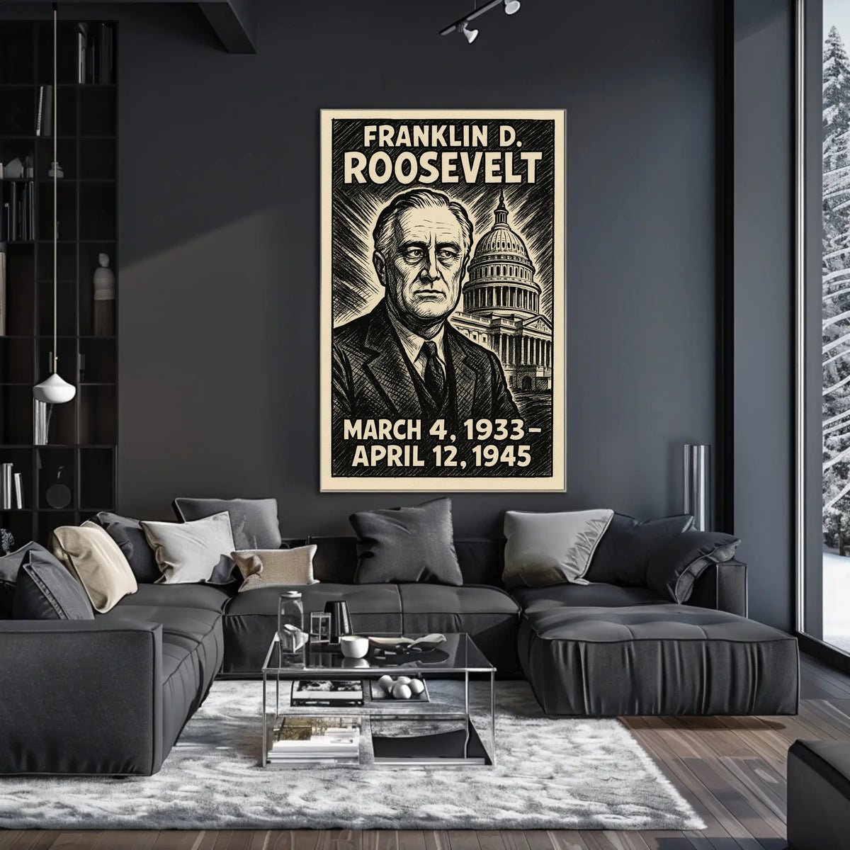 Franklin D. Roosevelt 32nd President of the United States B & W Comic Sketch Poster