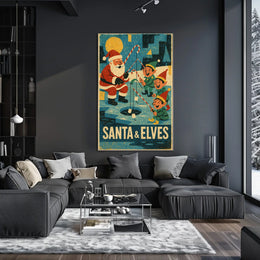 Santa's Whimsical Ice Fishing Vintage Christmas Poster