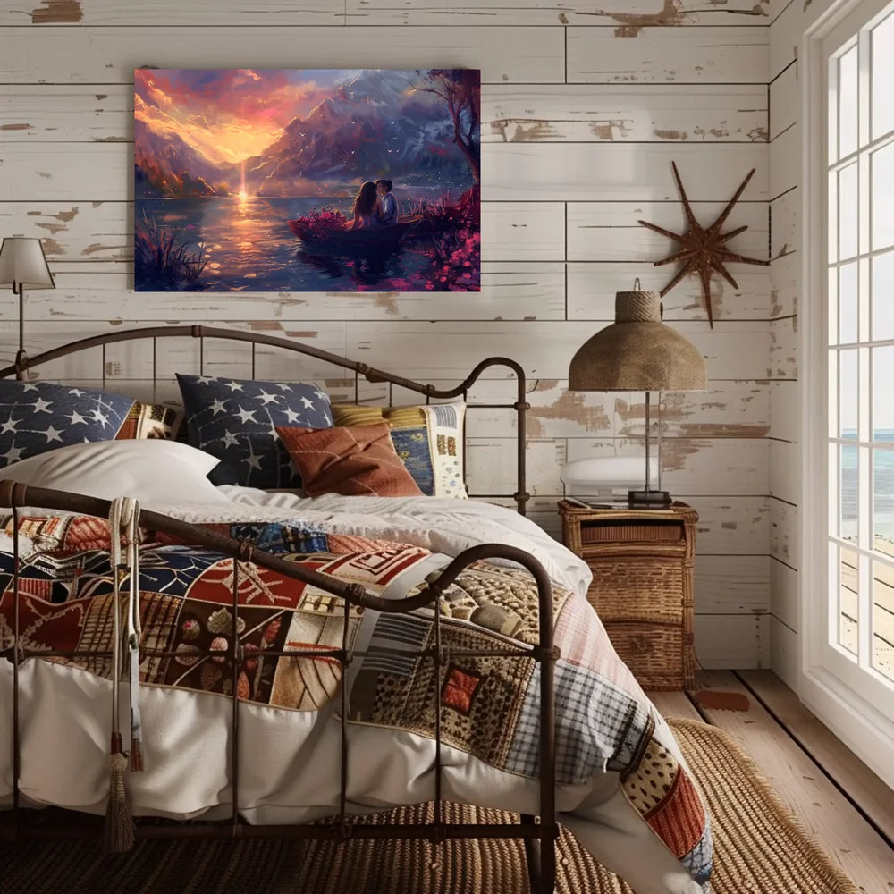 Romantic Sunset Lake Scene: Love in Bloom Poster
