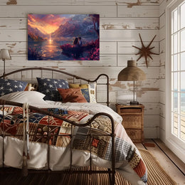 Romantic Sunset Lake Scene: Love in Bloom Poster