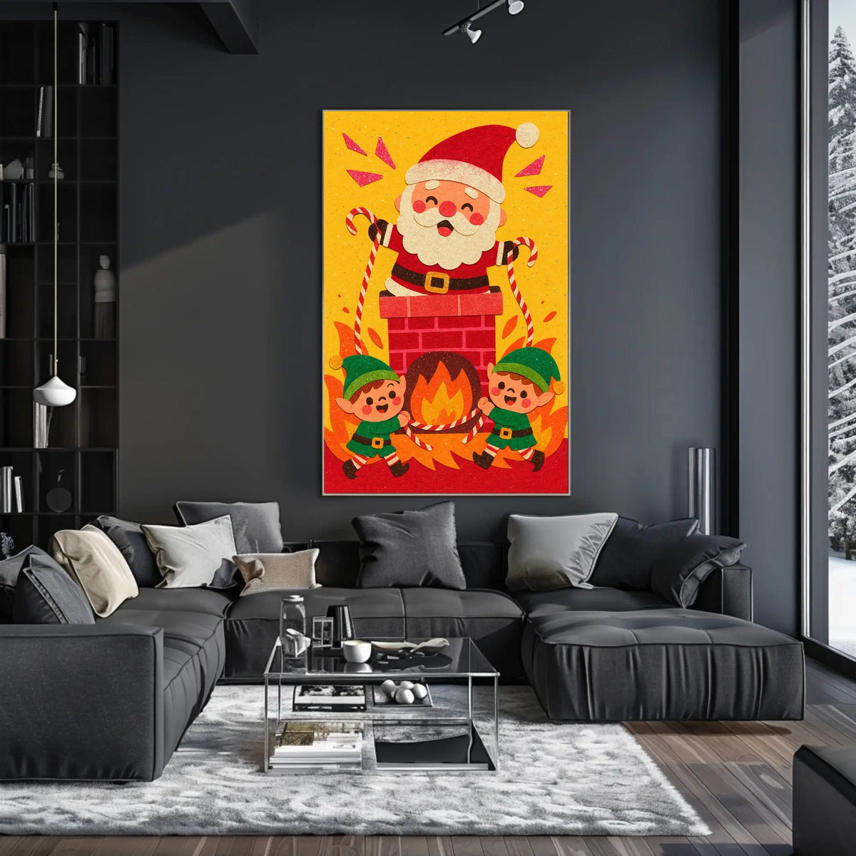 This whimsical poster depicts a festive Christmas scene with Santa Claus and two Travel Poster