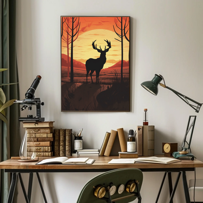 Sunset Forest Silhouette Deer Landscape Vintage Travel Poster