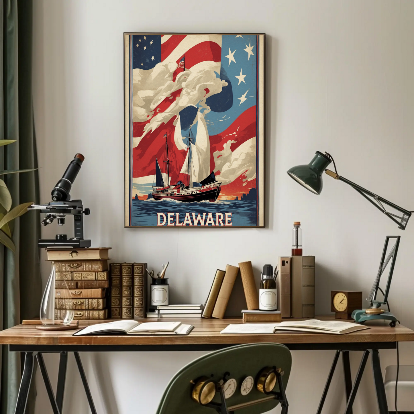 Delaware Sailboat Flag Sky Vintage Travel Poster