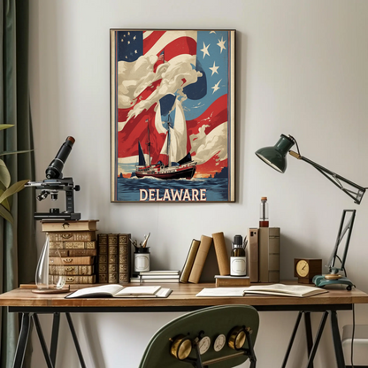 Delaware Sailboat Flag Sky Vintage Travel Poster