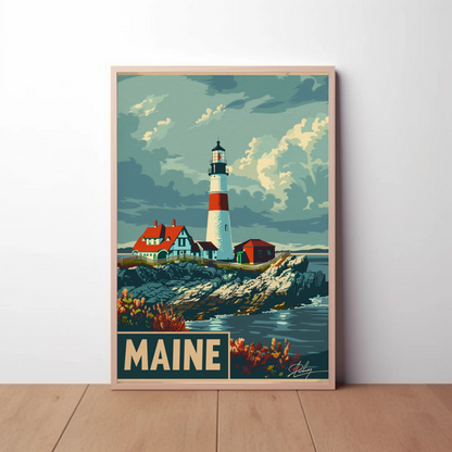 Maine Lighthouse Coastal Classic Travel Poster