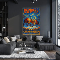 Reindeer Wrestling Championship Artistic Poster: Bold & Whimsical