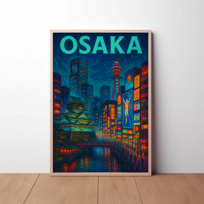 Osaka Neon and Castle Night Travel Poster