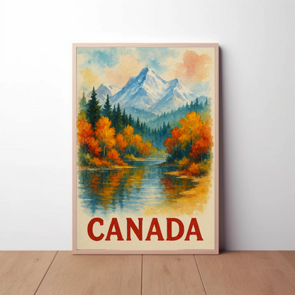 Canada Autumn Lake Mountains Travel Poster
