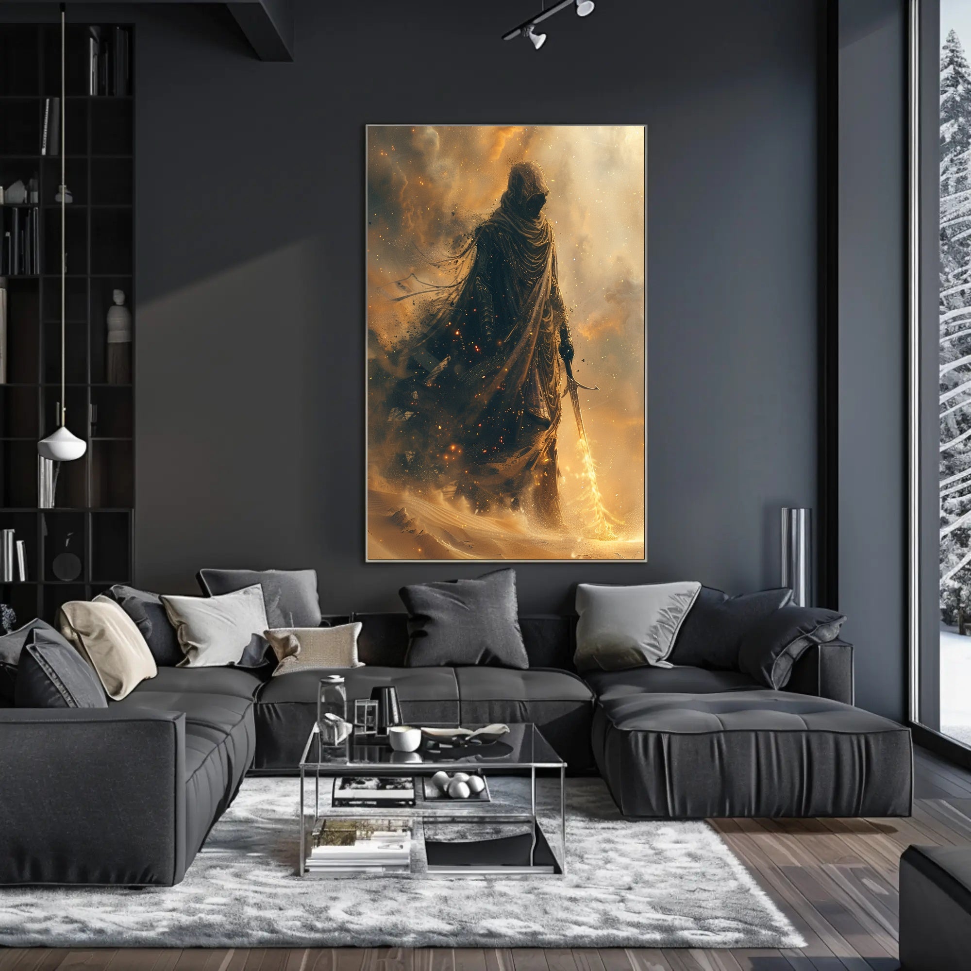 Mysterious Robed Figure with Glowing Sword Fantasy Poster PosterGoat