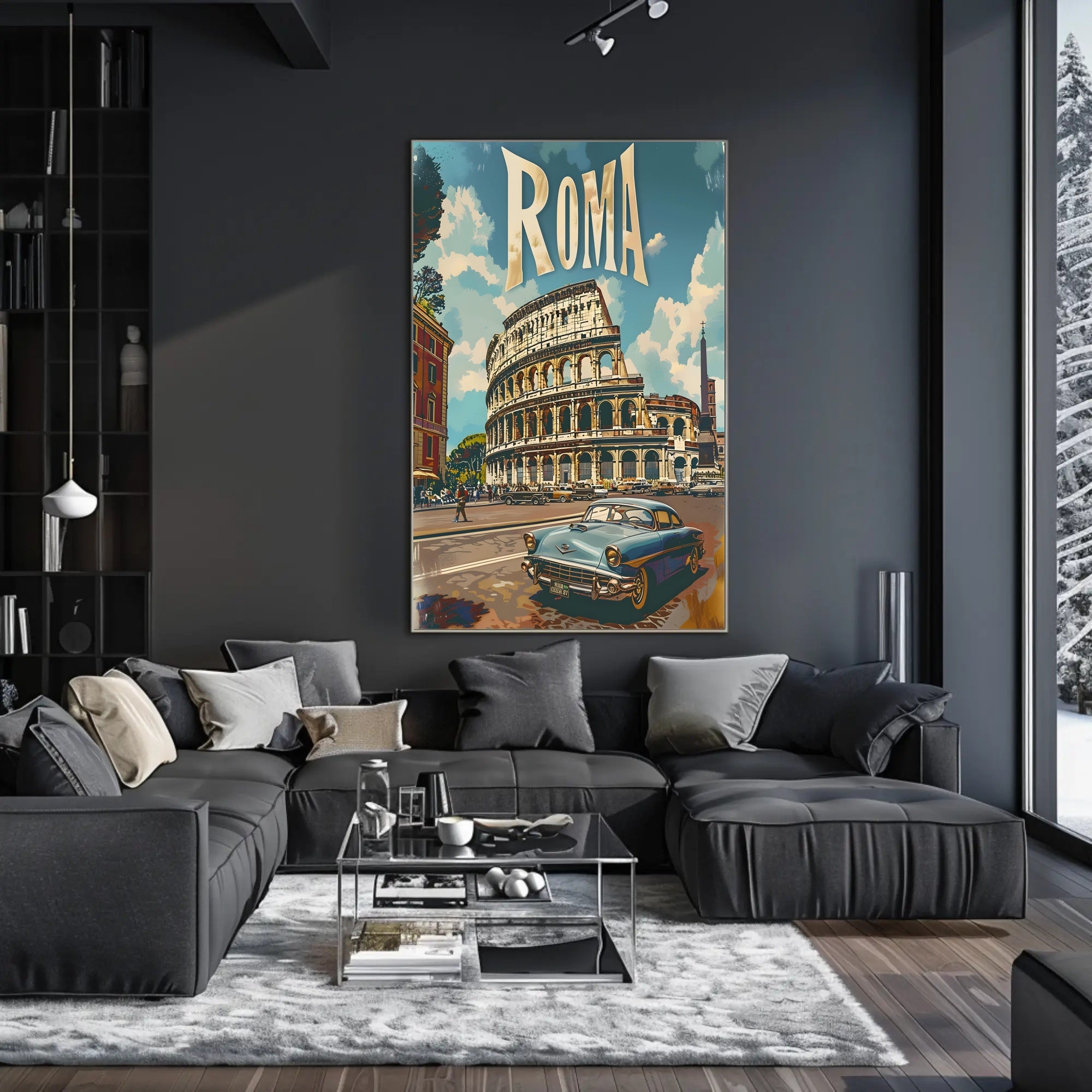 Vintage Rome Colosseum Scene with Classic Car Travel Poster