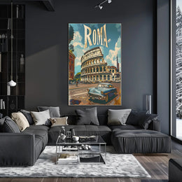 Vintage Rome Colosseum Scene with Classic Car Travel Poster