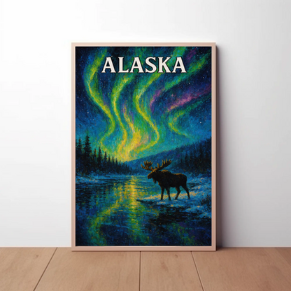 Alaska Aurora Borealis Moose Night Sky Travel Poster