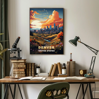 Denver Autumn Meadow Skyline Vintage Travel Poster