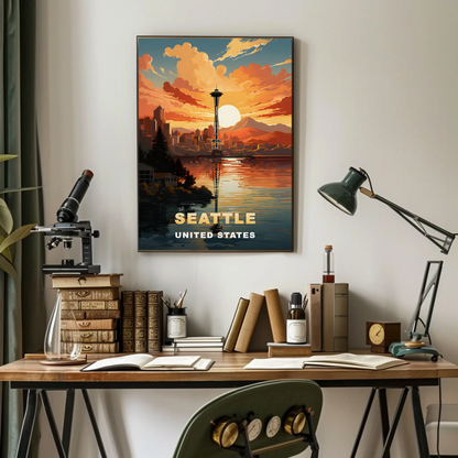 Seattle Washington Space Needle Sunset Vintage Travel Poster
